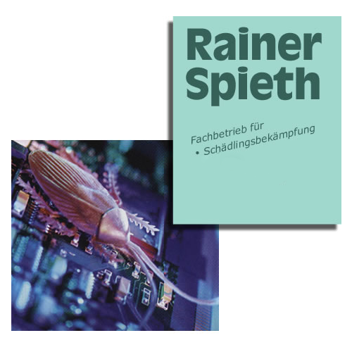 Logo von Rainer Spieth - Fachbetrieb für Schädlingsbekämpfung. Namenszug und eine Wanze die über ein Elektronikbauteil krabbelt - in diesem Fall der Schädling.